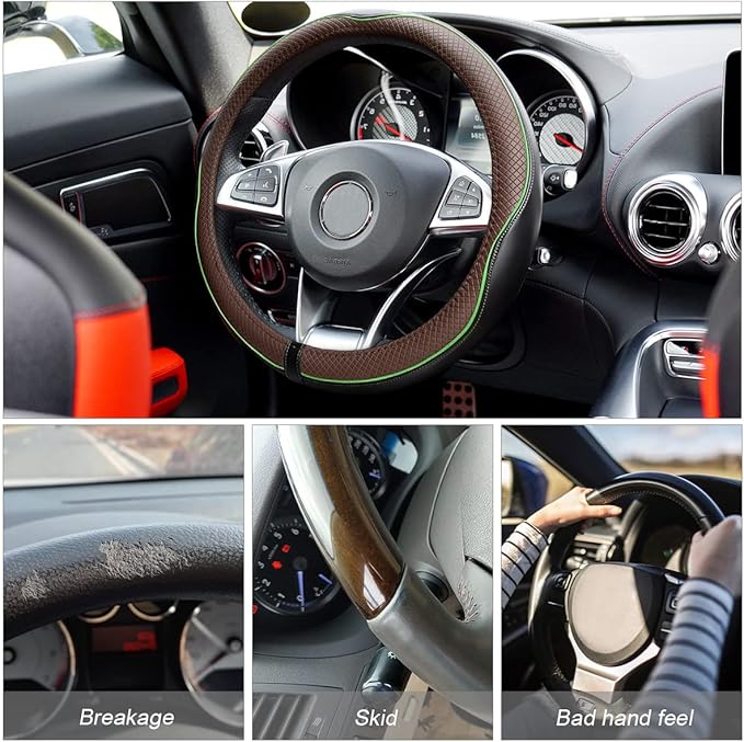 Leather Steering Wheel Cover, Soft Breathable Anti-Slip Protector for Car, Truck, SUV - Universal Fit 15 Inch for Women and Men (Black/Coffee)