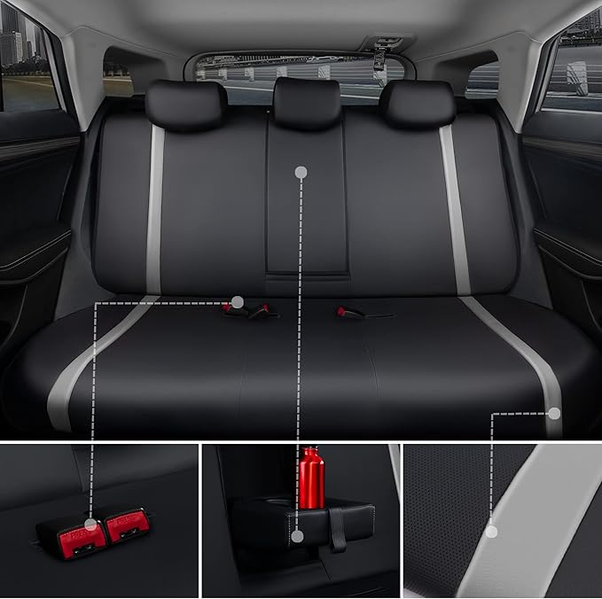 CAR PASS Universal Leather Car Seat Covers Full Set, Waterproof Durable PU, Airbag SRS, 2zipper in Rear, Faux Leather Seat Covers 5 Seats Fit for SUV Pick-up Truck Vehicle Black with Grey