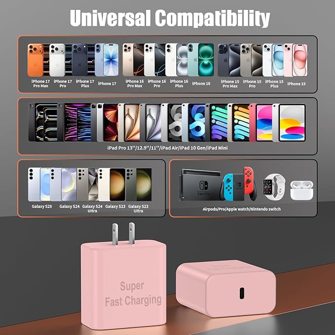 iPhone 17 16 Pro Max Charger Fast Charging, Super Fast USB C Chargers for iPhone 17(6FT+6FT+10FT) Type C Chargers Cord with Fast Charger Block for iPhone 17/16/15 Series/iPad/ GalaxyS26/S25/S24 Pink