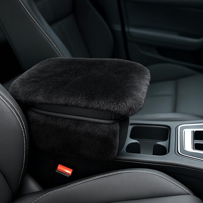 Fluffy Car Armrest Cover with Side Pockets – Plush Fuzzy Fur Center Console Armrest Cushion Pad, Universal Winter Car Interior Protector, Soft Arm Rest Cover with Storage for Women & Men (BLACK)