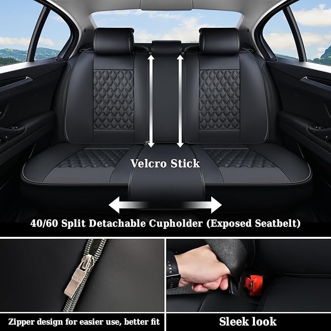 Coverado Full Set Car Seat Covers, Black Leather Seat Protectors, Luxury Front & Back Car Seat Covers,Waterproof Universal Fit, Automotive Seat Covers for Most Cars-Black