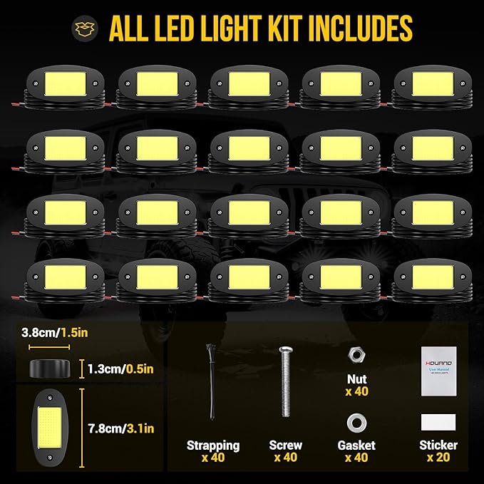 Hovano 20 Pods COB White Rock Lights, 120 COB Chips 6500K Pure White Super Bright Neon Underglow, IP68 Waterproof Shockproof Off-Road Light Kit for Pickup Trucks, SUV, UTV, ATV, RZR, Cars & Boats