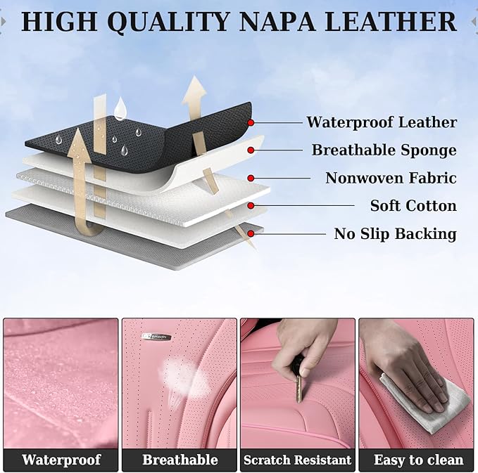 Coverado Pink Seat Covers for Cars, 2 Pack Leather Car Seat Covers, Luxury Waterproof Seat Covers, Front Car Seat Protectors, Driver Car Seat Cushions, Front Seat Covers Universal Fit for Most Cars