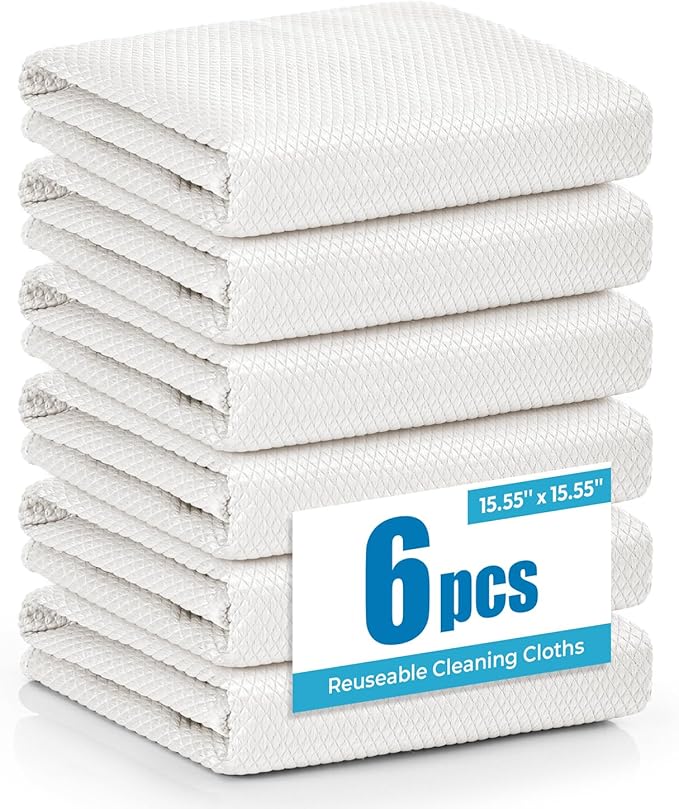 Microfiber Glass Cleaning Cloth 6 Pack, 15.5x15.5 Inch White Magic Cleaning Rags, Lint Free Streak Free Reusable Towels for Windows, Mirrors, Cars, Screens, Kitchen and Stainless Steel Surface