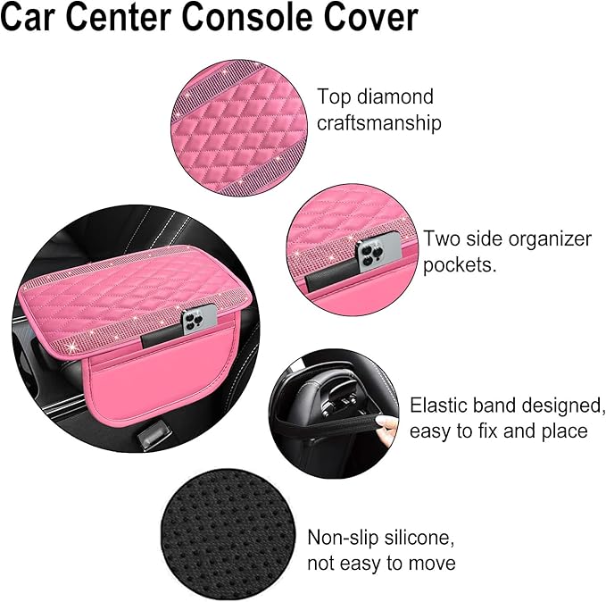 NBTEPEM Bling Pink Car Center Console Cover, Leather Car Arm Rest Cover with 2 Storage Bags, Universal Auto Armrest Protector Storage Box, Pink Bling Accessories Interior for Most Vehicles