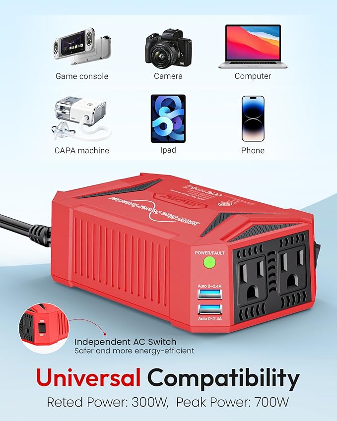 BESTEK Pure Sine Wave Power Inverter - 300W Car Plug in Charger Outlet DC 12V to 110V AC - Cigarette Lighter Adapter 4.8A Dual USB Fast Charging Ports for Laptop - Aluminum Housing - Red