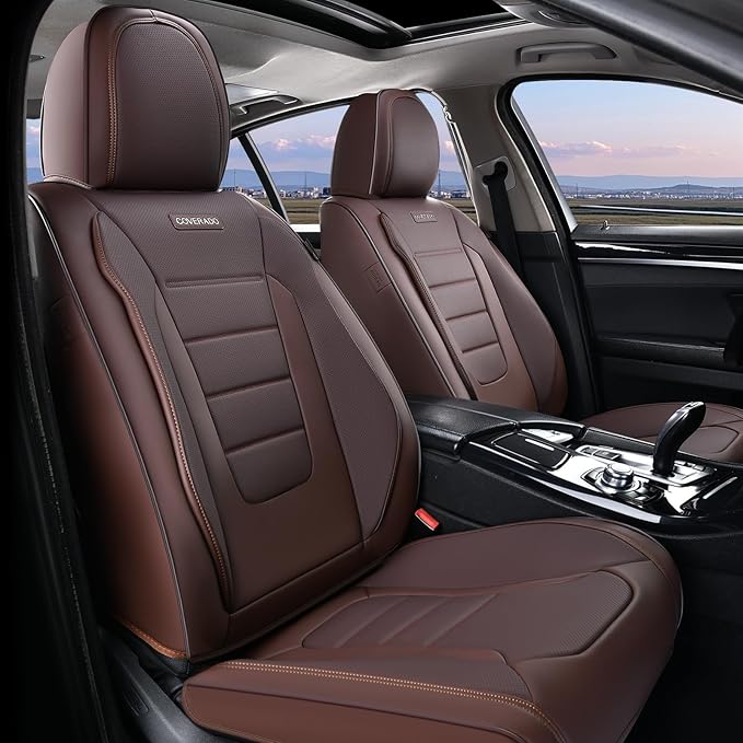Coverado Car Seat Covers Full Set, Nappa Leather Seat Covers for Cars, Car Seat Protector Car Seat Cushion, Front and Back Seat Protectors Cushions Universal Fit for Most Cars Vehicles(Brown)