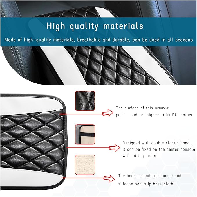 Car Center Console Cushion Pad, Universal Leather Waterproof Armrest Seat Box Cover, Comfortable Auto Armrest Cover Protector, Car Interior Decor Accessories for Most Vehicles (Black & White)
