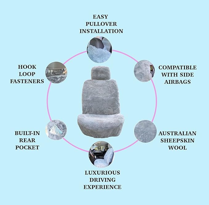 SHEEPSKIN ELITE Premium Sheepskin Car Seat Cover - All Season Comfort and Protection, Easy Installation (56" x 23", Light Gray Color)