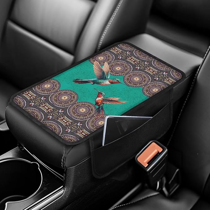 Bohemia Mandala Hummingbird Print Center Console Covers for Cars Stretchy Car Armrest Cushion Washable Automobile Armrest Covers Car Accessories Interior Protection