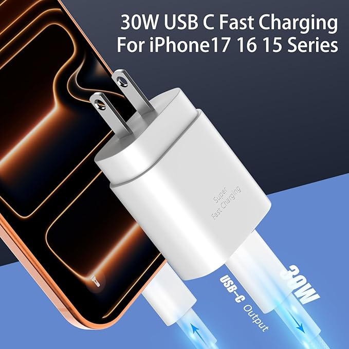 Phone 16 15 Charger Fast Charging,30W Type C Chargers USB C Charge Block with 2 Pack 10FT USB C Cable Nylon Braided for Phones 16/16 Plus/16 Pro/16 Pro Max/Phone 15/15 Pro Max/Pad Pro/AirPods,White