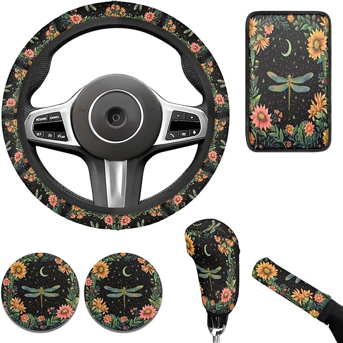 Dragonfly Print 6 Pcs car Steering Wheel Cover Handbrake Gear Cover Cup Coaster Armrest Cover Cars Interior Decor Protector Fit for SUV Truck Sedan