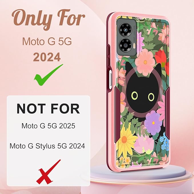 for Moto G 5G 2024 Case - Compatible with MagSafe Women Girls Cute Magnetic Protective Phone Cover Girly Cat Flower Floral Heavy Duty Shockproof Design for Motorola Moto G 5G 2024 Cases
