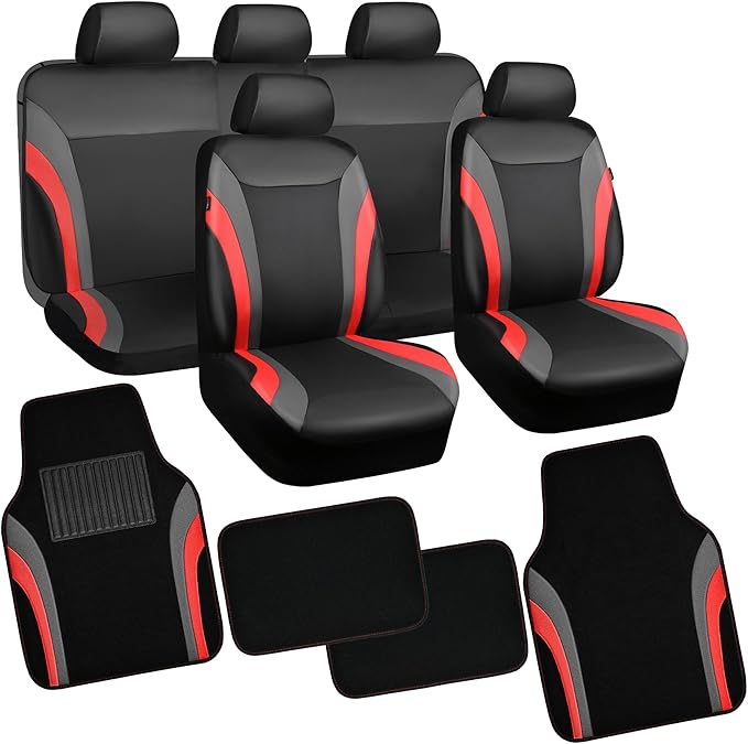 CAR PASS Leather Car Seat Covers Full Set with Waterproof Car Floor Mats,Airbag Compatible,Automotive Interior Covers for Cars Sedans,Trucks,Vans,SUV with Car Carpet Mats(Black and Red)