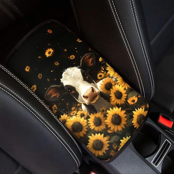 Cow Sunflower Print Armrest Cushion Cover for Car Neoprene Car Center Console Cushion Pad Non Slip Decorative Armrest Seat Box Cover for SUV Truck Sedan