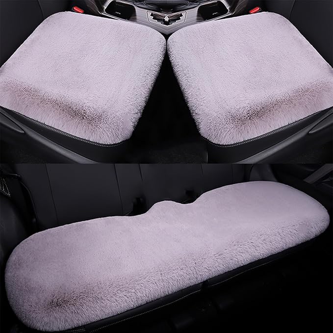 Plush Car Seat Cushion, Soft Warm Fuzzy Faux Rabbit Fur Fluffy Plush Auto Seat Cover Vehicle Car Front and Back Seat Protector Pad with Non-Slip Backing Cushion Interior Universal Fit (Grey,3PCS)