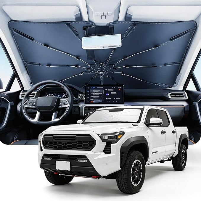 DMJN Umbrella Windshield Sun Shade for Toyota Tacoma, Car Sunshade for Front Windshield [Nano Ice-Crystal Coatings] UPF50+ Heat & UV Block, Protect Interior & Keep Cooler