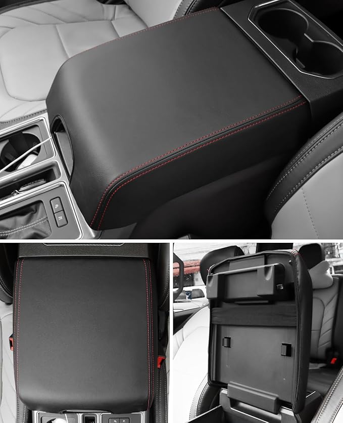 INTGET Center Console Cover for Ford F150 Accessories 2015-2020 2016 2017 2018 2019 Car Middle Lid Seat Armrest Cover Protector Elbow Cushion Pad (red Stitches, 2015-2020)