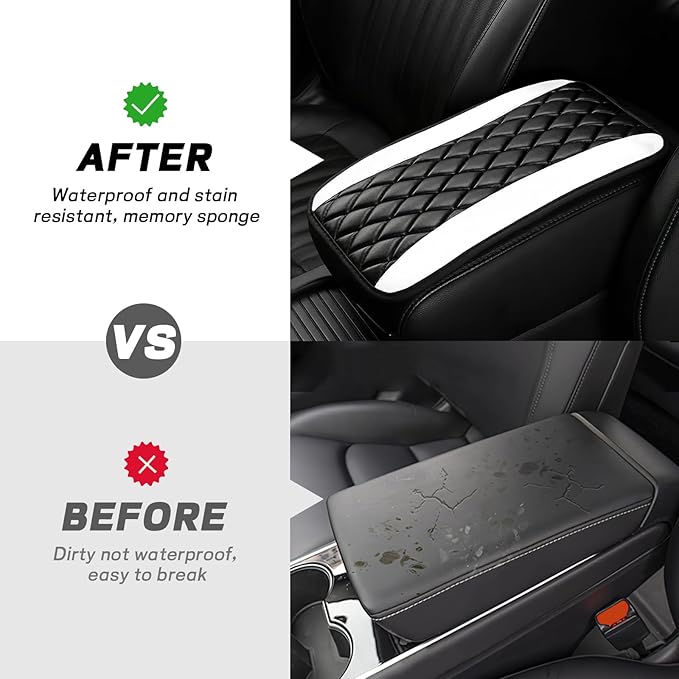 Car Center Console Cushion Pad, 12.72"×7.52" Leather Waterproof Auto Armrest Seat Box Protector, Car Center Console Cover, Universal Interior Decor Car Accessories for SUV Truck (White)