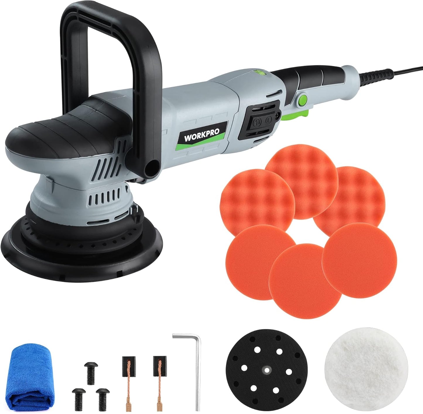 WORKPRO Buffer Polisher, 6-inch 1080W Dual Action Random Orbital Polish Kit for Car Detailing, 6 Variable Speed DA Polisher with Backing/Woolen/Foam Pads, Towel for Waxing, Buffing, Polishing