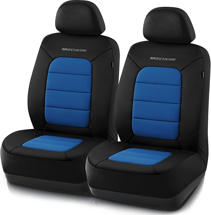 Skechers Memory Foam Car Seat Covers,Thick Cool Touch Fabric Seat Covers,Front Seat Cover Airbag Compatible,Automotive Comfort Protection for Most Cars,Vans,Trucks,SUV,Blue