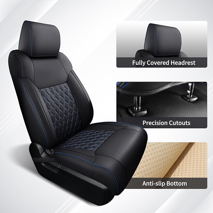 Huidasource Tacoma Front&Back Car Seat Covers, Automotive Seat Cushion Fit for 4th Gen Toyota Tacoma 2024-2026 Double&Crew Cab Trailhunter SR SR5 Limited TRD Sport/Off Road (Full Set/Black&Blue)