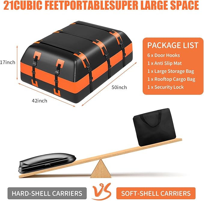 21 Cubic Feet Car Rooftop Cargo Carrier Bag,100% Waterproof Heavy Duty 840D Rooftop Cargo Bag for All Vehicle with/Without Racks,Includes Anti-Slip Mat,6 Door Hooks,Luggage Lock and Storage Bag
