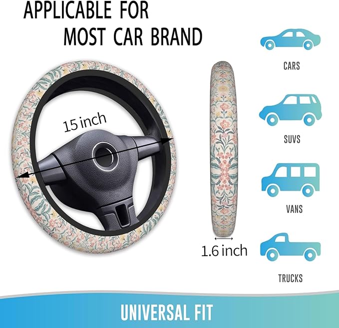 Elastic Steering Wheel Cover Car Accessories Cute Universal 15 Inch Absorbing Sweat Non-Slip Breathable for Woman - Pink Flowers