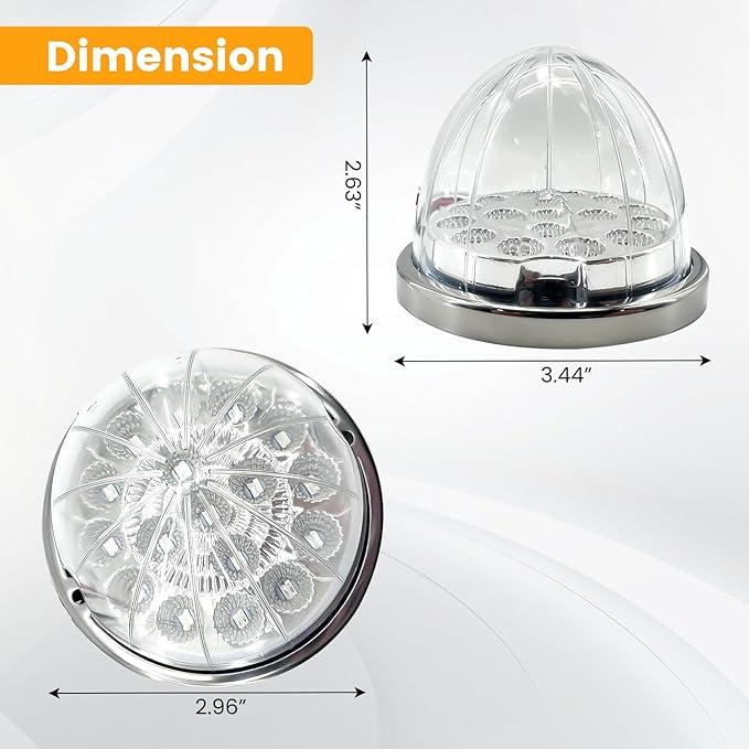2PCS 17 LED Dual Revolution Amber Turn Signal & White Auxiliary Watermelon Lights, Clear Lens with Stainless Steel Bezel, Compatible with Freightliner, Ke-nw-or-th, Peterbilt & Heavy Trucks
