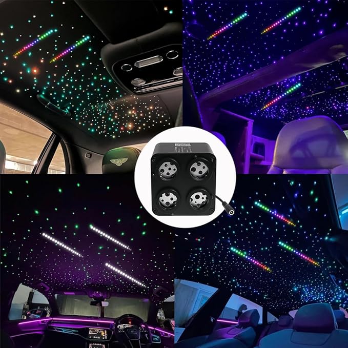 AMKI Updated 4Color Meteor Twinkle 36w Starlight Headliner Kits 900pcs 0.03in 9.8ft, 240pcs RGB Meteor Shooting Star Cable, 2 in 1 Fiber Optic Light Box RGBW Sound Activated Mode for Car& Home Decor