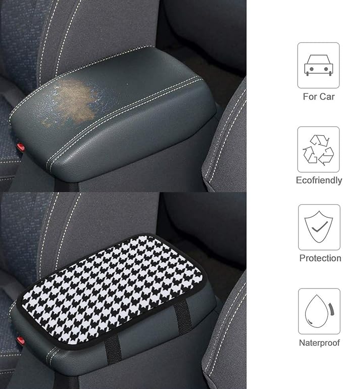 Universal Car Handrail Box Cushion for Black and White Houndstooth Auto Center Console Armrest Cover Pad Comfort, Fit Armrest Box Cover Car Accessories for Most Vehicle SUV Truck