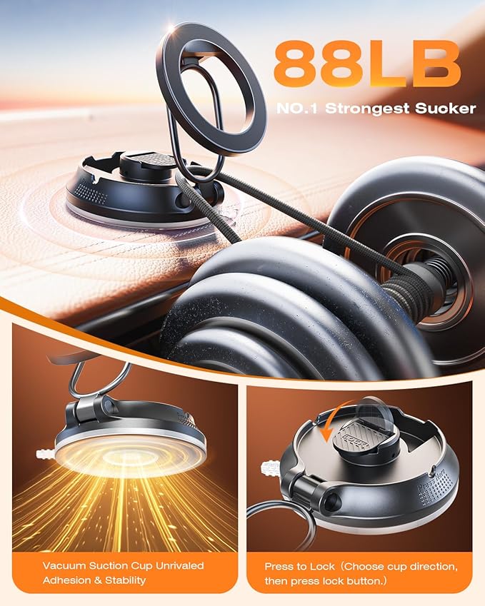 【2026 Newest】SUPERONE for Magsafe Car Mount Suction Cup,【Strongest Suction, 70% Less Spcae】Magnetic Car Phone Holder, Vacuum Phone Mount Foldable Car Accessories for iPhone 17 Pro Max/16/15/14/13/12