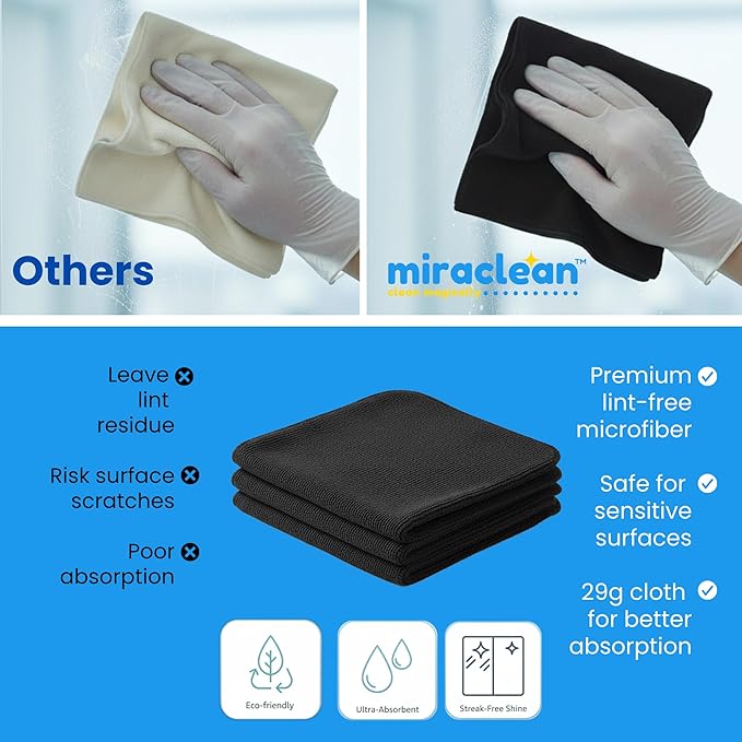 Microfiber Cleaning Cloth Black 12 Pack Premium Microfiber Towels for Cars, Lint Free, Scratch-Free, Highly Absorbent, Reusable Cleaning Rags for Car, 320 GSM Household, Kitchen, Window, 12" x 12"