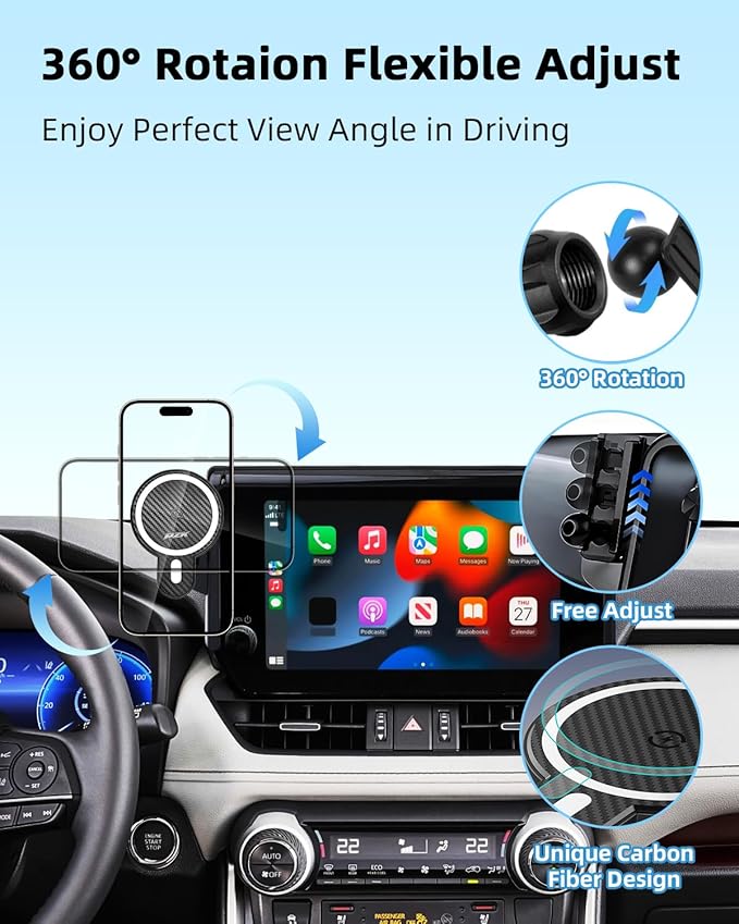PZK Car Phone Holder for Toyota RAV4 2019-2025 Hybrid LE/XLE/Premium Accessories 7/8-Inch Screen Magnetic 15W Fast Wireless Charger Car Phone Mount 360° Rotation Not Affect Vent (Not Fit 9/10.5 inch)