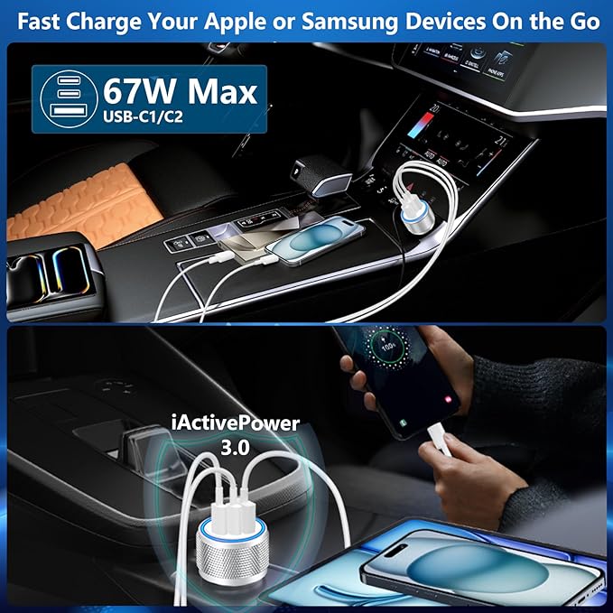USB C Car Charger, Rombica 3Port 67W Dual USB-C&USB-A Car Power Cigarette Lighter USB Charger Adapter PD/QC Type C Car Charger Fast Charge for iPhone 17 17 Pro 16 15 14 13 12/Galaxy S26 S25/Pixel/iPad