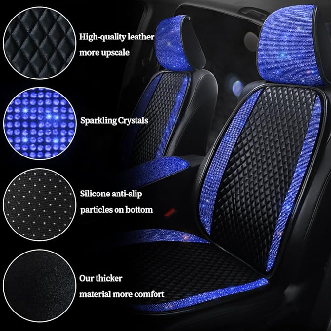 Luxury Faux Leather Car Seat Covers with Shining Rhinestone,Crystal Diamonds Auto Front Seat Cushion Covers Bling Bling Auto Interior Accessories for Women or Ladies Universal Fit Blue 2Seats