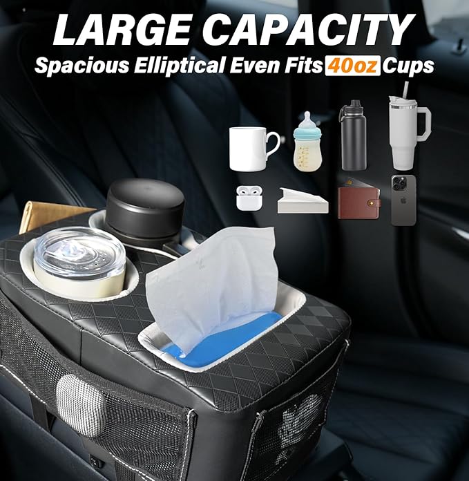 Center Console Cup Holder, Universal Car Armrest Storage Box with Bottle Holder & Tissue Slot & Side Pockets, Car Back Seat Truck Boat Couch Organizer PU Leather