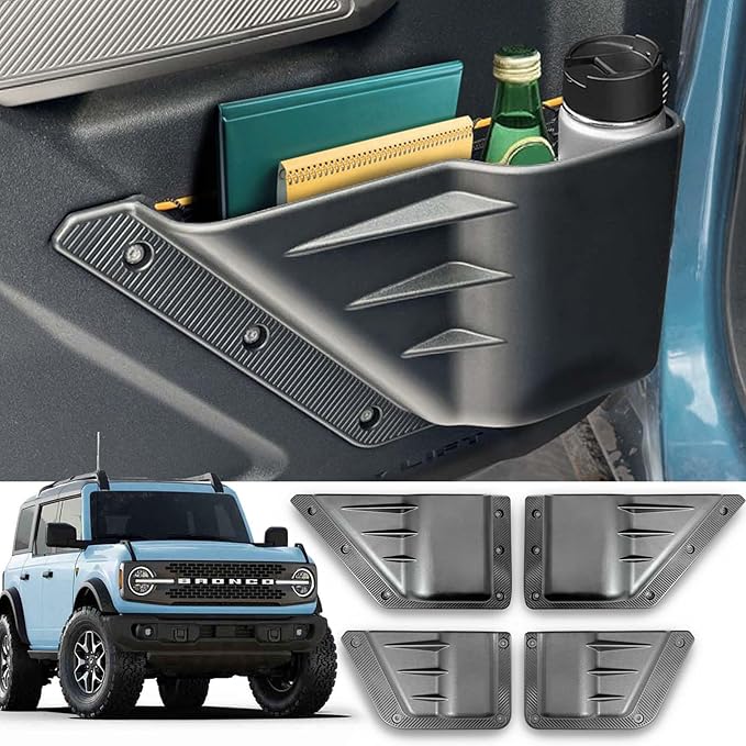 NeaLia Ford Bronco Door Storage Pockets, Front & Rear Door Side Organizer Box, Interior Net Pocket Replacement Bezel Frame Trim Cup Holder for Bronco 2021 2022 2023 2024 2025 (Not Sport), 4PCS
