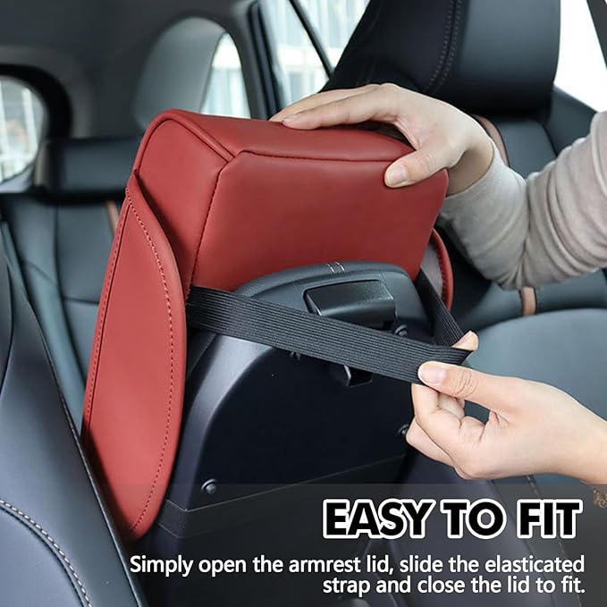 wuyaoyao Car Center Console Cover, 13.39"×8.27"×3.15" Leather Car Armrest Cover with Pocket & Tissue Box & Cup Holder, Multifunctional Auto Armrest Cushion Pad, Universal Car Accessories (Wine Red)