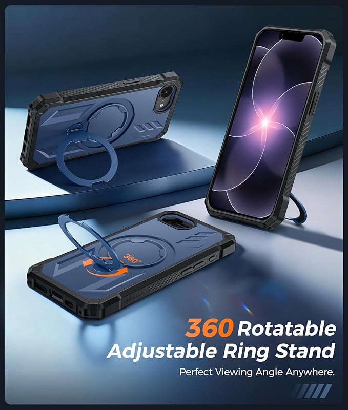 FNTCASE for iPhone 17e Phone Case: for iPhone 16e Case with [360 Spin Magnetic Ring Kickstand] [Compatible for MagSafe] [Screen Protector] Heavy Duty Military Grade Protection Case with Stand Blue