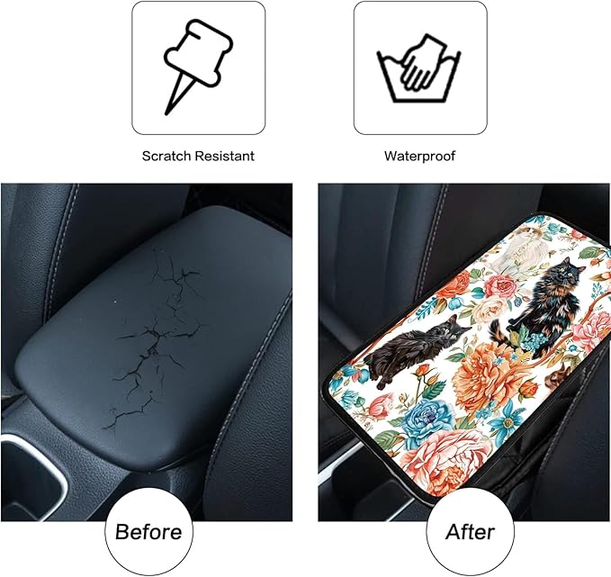 Car Armrest Cover Pads Universal Fashion Cute Auto Center Console Armrest Cover Pad with 2PCS Car Coasters Soft Waterproof Car Armrest Seat Protector for Women, Three Cats Penoy
