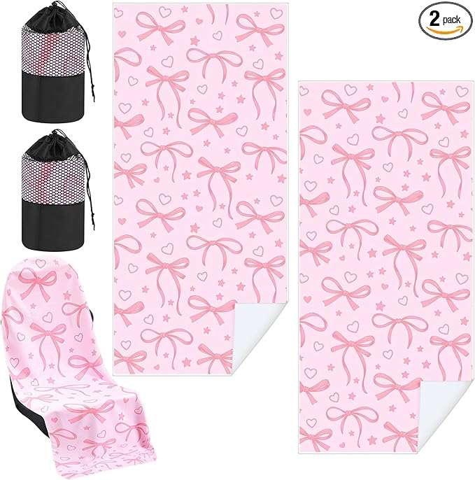 2 Pack Car Seat Towel Covers with Storage Bag 63 x 32 Inch Athletic Running Towel Seat Sweat Washable Non Slip Cover Gift for Car Outdoor Sport Activities (Pink Bow)