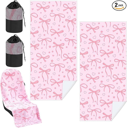 2 Pack Car Seat Towel Covers with Storage Bag 63 x 32 Inch Athletic Running Towel Seat Sweat Washable Non Slip Cover Gift for Car Outdoor Sport Activities (Pink Bow)