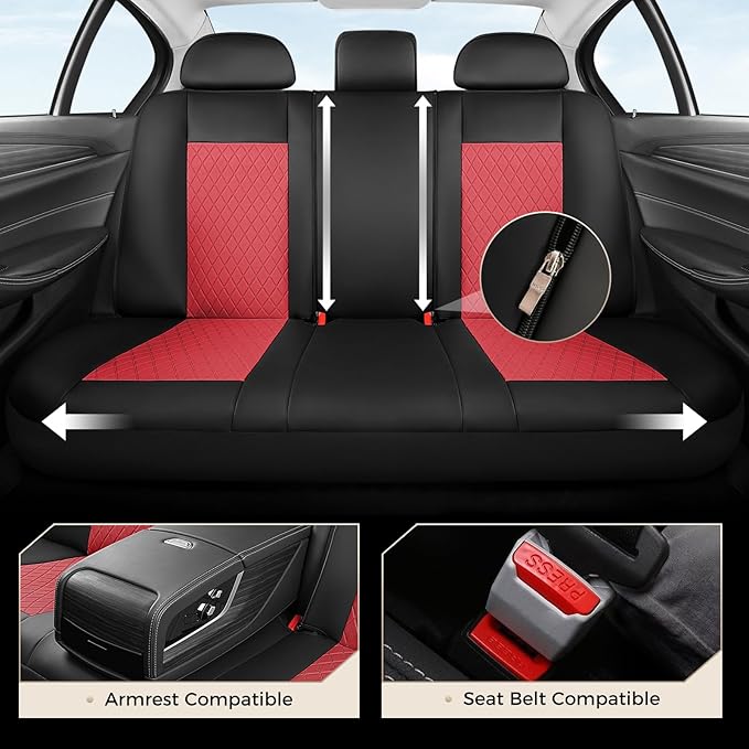 Coverado Front and Rear Seat Covers, 5 Packs Leather Seat Covers for Cars, Car Seat Protectors with Splicing Design，Universal Car Seat Cushions Waterproof Seat Covers Fit for Most Cars, Black & Red