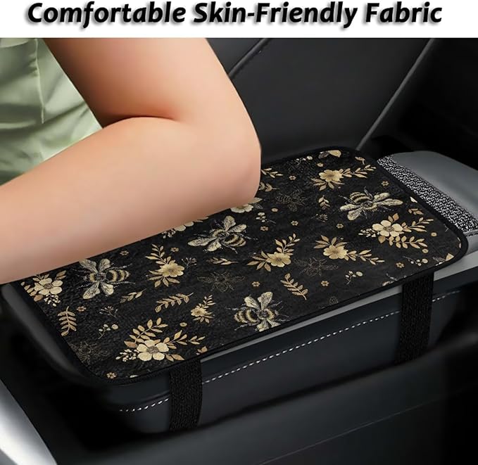 Bee Flower Center Console Cushion Comfortable Elastic Car Arm Rest Cushion Pad Full Coverage Warm Armrest Cover Center Console Cushion Fit for Cars Truck SUV or Vans