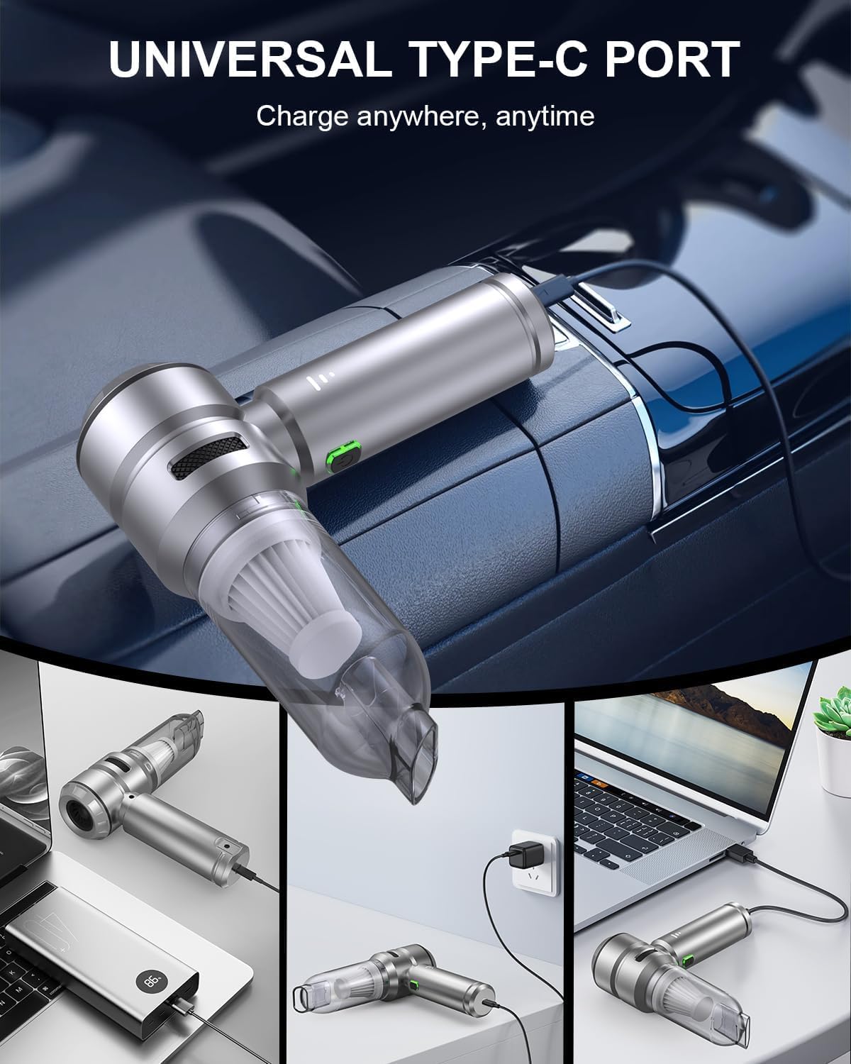 Car Vacuum,3 Suction Modes,Portable Mini Cordless Cleaner with 21000pa Suction Power,Type-C Charge,Handheld Vacuum for Home,Car, Office Desk, Keyboards(Diamond Silver)