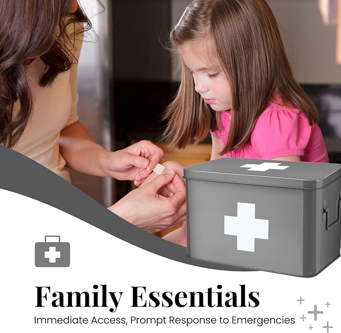 Flexzion Vintage First Aid Kit - 13" Gray Metal Box with Dividers, Removable Tray and White Cross Logo