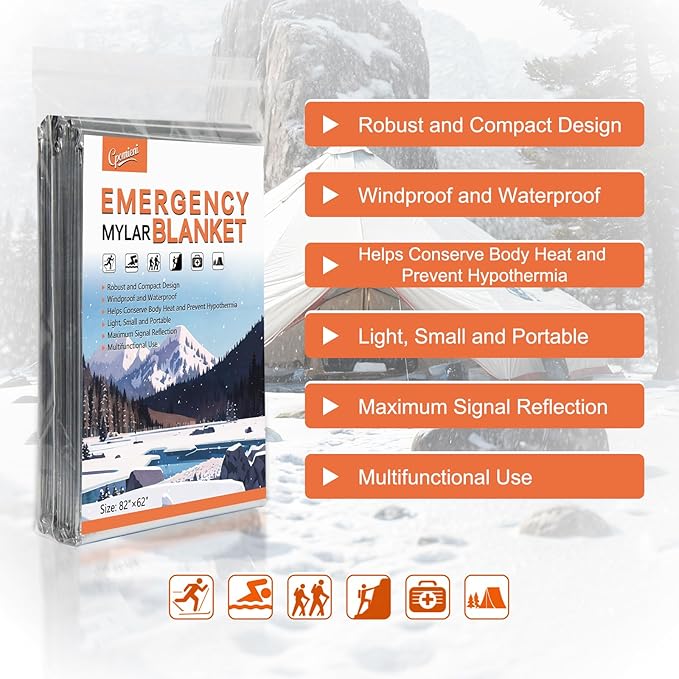 6 Pack - Large 82” x 62” Survival Emergency Mylar Thermal Blankets, Thermal Survival Blanket Perfect for Camping, Hiking, Body Insulation, Outdoors, Car Survival Kit, Bug Out Bag