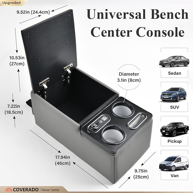 Coverado Car Center Console, Universal Bench Seat Consoles, Truck Center Console Automotive Center Console, Back Seat Organizer With Cup Holder+Phone Holder, Central Armrest Storage Box (Update, Gray)