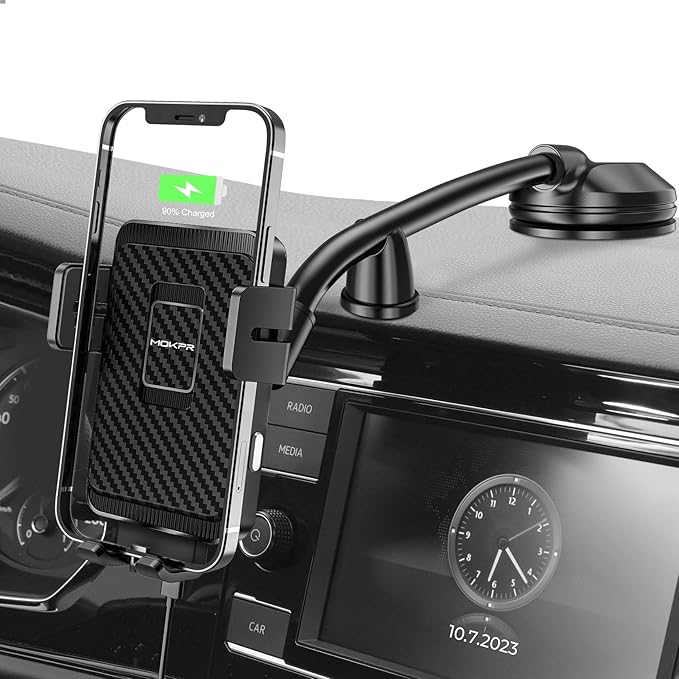 Wireless Car Charger, MOKPR 15W Fast Charging Car Mount Auto-Clamping Car Charger, Dashboard Windshield Phone Holder Compatible with iPhone 16 15/14/13/13 Pro/12 Pro12/11/X, Samsung S23/S22/S10/S9/S8